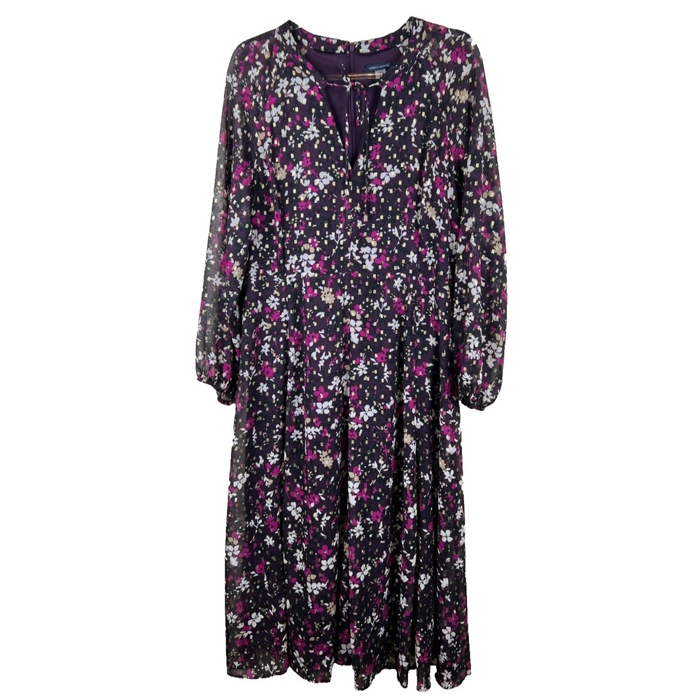 Tommy Hilfiger Floral Midi Dress Size 14 Plum Gold Accents Long Sleeve